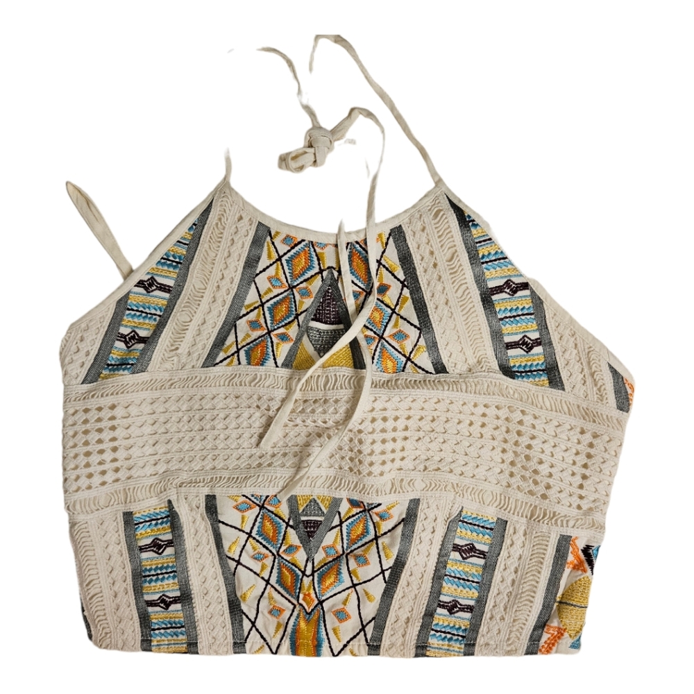 EARTHBOUND Cream Crochet Halter Tank with Multicolor Geometric Embroidery
